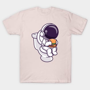 Cute Astronaut Eating Burger In Toilet Cartoon T-Shirt